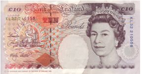 Series E £10 note

Chief Cashier Merlyn Lowther (1999-2003).

Charles Dickens features on the back of this note.

This is the second version of the note where the £10 symbols on each side have been slightly changed Banknote