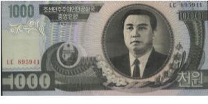 1000 Won Dated 2002 
Obverse:Kim Il Sung
Reverse:Kim Il Sung's birth place
Watermark:Yes Banknote