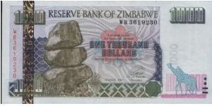 1000 Dollars, Reserve Bank Of Zimbabwe.
Obverse: Chiremba Balancing Rocks in Epworth
near Harare&Giraffes. Reverse: Giraffes& Elephants. Banknote