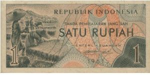 1961 2nd Series Food & Cloths.
1 Rupiah Dated 1961
Signed By RM Notohamiprodjo
Obverse:Peasant
Reverse:Cassava & Corn 
Size:120x60mm Banknote