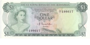 Bahamas, $1.

This note has an outstanding amount of colours on the reverse side, a real contrast to the obverse Banknote