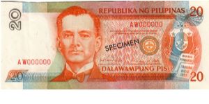 NEW SEAL SERIES 47S2 (p182s2) Ramos-Singson (Cut from Sheet of 4) AW000000 (Specimen) Banknote