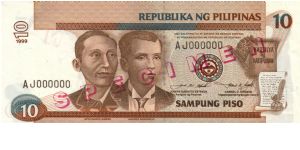 DATED SERIES 52S1 1998 Ramos-Singson (Single Wmk) AJ000000 (Specimen) Banknote