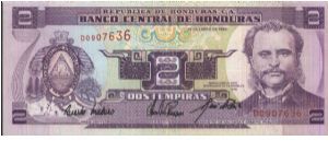 2 Lempiras Dated 14 December 1993. Banco Central De Honduras.(O)Marco Aurejo Soto 1876.Pinted By Thomas De La Rue & Company Limited,London. Banknote