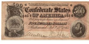 CSA $500 Type 64 Cr-489  B 15036 Gen.T.J.Jackson & CSA Coat of Arms  Reg.W.Miller Treas.J.C.Joplin Banknote