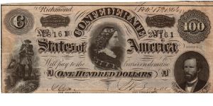 CSA $100 Type 65  Cr-493  Series I  D 28161       Lucy Pickens & George W.Randolph Reg. --  Treas.Miss M.Boyd Banknote
