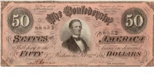 CSA $50 Type 66 Cr-500 No Series  A 86832   President Jefferson Davis Reg.Miss S.A.Doar Treas. -- Banknote