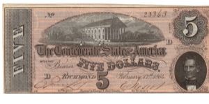 CSA $5 Type 69  Cr-563 (Series 5) D 51418           Richmond Va. & C.G.Memminger Reg. -- Treas. -- Banknote