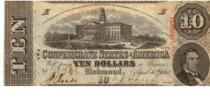 CSA $10 Type 59 Cr-429/11 D 26369 (Overprinted FEBRUARY 1864) Columbia S.C. & R.M.T.Hunter Reg.Johnson Sands Treas.John A.Jones Banknote
