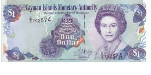 Cayman Islands, $1 note, 2001

Countinuing with a similar theme with most carribean notes bearing Queen Elizabeth the seconds portrait, showing beautiful sealife Banknote