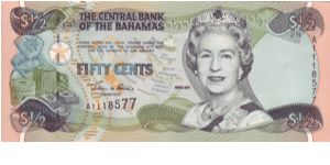 Bahamas 50c note, this is the 200 issue which has seen a change in Queen Elizabeth II portrait and a change in colours but the overall design remains the same Banknote