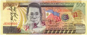 DATED SERIES 59S1 1999 (Autographed By BSP Governor G.C.Singson) Estrada-Singson JE000000 (Specimen) Banknote