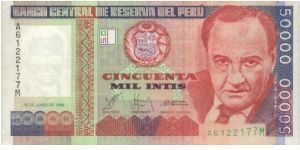 A Series 50000 Intis No:A6122177M Dated 28 June 1988 
Obverse: Victor Raul Haya de la Torre Reverse: Congreso Nacional (National Congress) Banknote