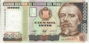 A Series Peru 100000 Intis No:A6498687L Dated 21 December 1989 
Obverse: Peruvian Military Hero Francisco Bolognesi Cervantes,
Reverse:Lago Titicaca (lake) With Ancient Peruvian Sailing Reed Boats(Multicolour Printed).OFFER VIA EMAIL Banknote