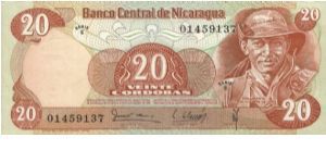 20 Cordobas,Banco Central De Nicaragua(O)Comandante German Pomares Ordanez(R)Soldiers On Paraded.Printed By Thomas De La Rue & Company Limited,London. Banknote