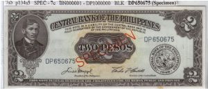 ENGLISH SERIES SPECIMEN 2 peso 7S5 (p134s5) Macapagal-Castillo DP650675 (Specimen) Banknote