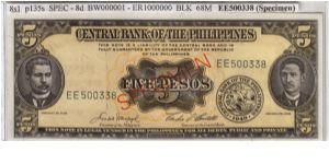 ENGLISH SERIES SPECIMEN 5 peso 8S4 (p135s4) Macapagal-Castillo EE500338 (Specimen) Banknote