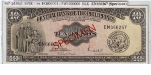 ENGLISH SERIES SPECIMEN 10 peso 8S6 (p135s5) Marcos-Licaros FE666067 (Specimen) Banknote