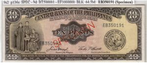 ENGLISH SERIES SPECIMEN 10 peso 9S6(pN/L) Macapagal-Castillo EB350191 (Specimen) Banknote