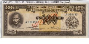 ENGLISH SERIES SPECIMEN 100 peso 12S6 (p139s) Quirino-Cuaderno A070805 (Specimen) Banknote