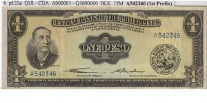 ENGLISH SERIES 1 Peso 6 (p133a) Quirino-Cuaderno A542346 GENUINE (1st Prefix) Banknote