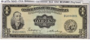 ENGLISH SERIES 1 Peso 6b (p133c) Magsaysay-Cuaderno BU694801 Banknote