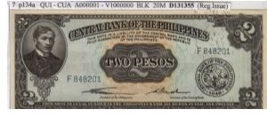 ENGLISH SERIES 2 Peso 7 (p134a) Quirino-Cuaderno F848201 Banknote