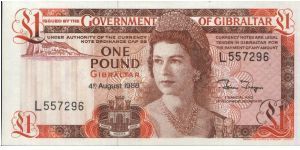 1 Pound Dated 4 August 1988 
Obverse:H.M. Queen Elisabeth II & Rock of Gibraltar
Reverse: The Covenant of Gibraltar.
Watermark:Portrait
Original Size: 135x67mm Banknote