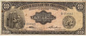ENGLISH SERIES 10 Peso 9 (p136a) Quirino-Cuaderno B054563  ....By far the rarest Philippine note (in any condition) since the establishment of the BSP. Banknote
