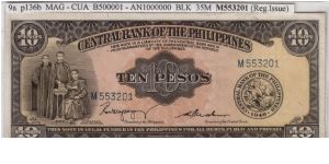 ENGLISH SERIES 10 Peso 9a (p136b) Magsaysay-Cuaderno M553201 Banknote