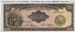 ENGLISH SERIES 10 Peso 9d (p136e) Macapagal-Castillo EB376227 Banknote
