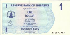 Zimbabwe $1 Bearer Cheque Banknote