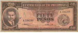 ENGLISH SERIES 50 Peso 11 (p138a) Quirino-Cuaderno A184286 ...A rare Philippine note, in any condition. Banknote