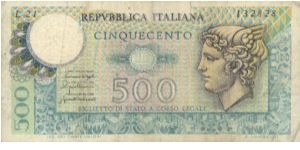 500 Lire 
Dated 1976
Repvbblica Italiana
Obverse:Woman Face
Reverse:Man & Horse.
Watermark:Star Banknote