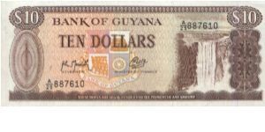 A Series No:A/25 887610

10 Dollars 

Dated 1966-1989,
Bank of Guyana

Obverse:Kaieteur Falls 

Reverse:Bauxite Mining &  Alumina Plant

Security Thread:Yes Banknote