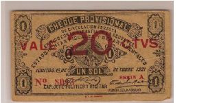 Cheque Provisional 20 ctvs-1 Sol 1921 Banknote