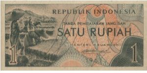 1961 2nd Series Food & Cloths.

1 Rupiah Dated 1961

Signed By RM Notohamiprodjo

Obverse:Peasant

Reverse:Cassava & 
Corn 

Size:120x60mm Banknote