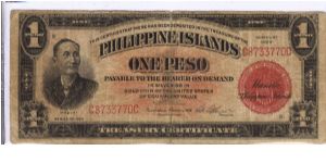 PI-73b Philippine Islands 1 Peso note with Theodore Roosevelt & Salv Lagdameo signatures. Banknote