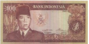 Soekarno Series!
100 Rupiah dated 1960

Signed by:Soetikno Slamet & Indra Kasoema

Obverse:Soekarno

Reverse:2 Batak dancers

Watermark:Soekarno

Size:158x79mm Banknote