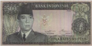Soekarno Series!
500 Rupiah dated 1960

Signed by:Soetikno Slamet & Indra Kasoema

Obverse:Soekarno

Reverse:2 Javanese dancers

Watermark:Soekarno

Printed by:Thomas De La Rue & Company Limited,London

Size:165x82mm Banknote
