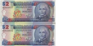 Running Series No:H19809937 & H19809932
2 Dollars dated 
2000

Obverse:John Redman Bovell

Reverse:Trafalgar Square in Bridgetown

Printed By Thomas De La Rue & Company 
Limited,London

Watermark:Yes

BID VIA EMAIL Banknote