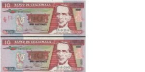 Running Series No:EA4642548 & EA4642545

10 Quetzales dated 2003 
 
Obverse:General Miguel Garcia Granados 

Reverse:National Assembly session of 1872

Security Thread:Yes

Original Size: 156 x 67 mm

BID VIA EMAIL Banknote