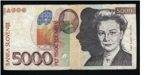 5,000 Tolarjev.

I. Kobilika at right on face; National Gallery in Ljubljana at upper left on back.

Pick #33 Banknote
