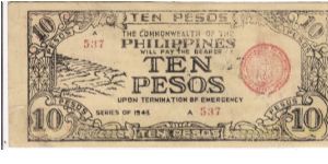 S-409 Commonwealth of the Philippines 10 Pesos note (Rice Terraces), low serial number, great signatures on reverse. Banknote