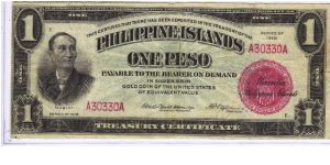 PI-60a RARE Philippine Islands 1 Peso note with Francis Burton Harrison and A. P. Fitzsimmons signatures. Banknote