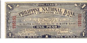 S-215 Philippine National Bank 1 Peso note with Mati Davao counterstamp on reverse. Banknote