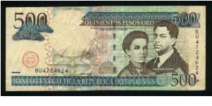 500 Pesos.

Salome Urena de Henriquez and Pedro Henriquez Urena at right on face; Banco Central building at left on back.

Pick #172 Banknote