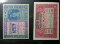 1000 Kronen(1922) & 2 Kronen (1917) Banknote