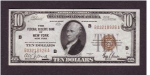 $10 FRBN
new york, ny

National Currency

obv: Alexander Hamilton, (Continental Congressman, Secretary of the Treasury Under George Washington)

rev: Treasury Building Banknote