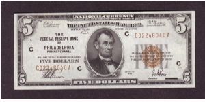 $5 FRBN
philadelphia, pa

National Currency

obv: Abraham Lincoln, (President 1861-1865)

rev: Lincoln Memorial Banknote